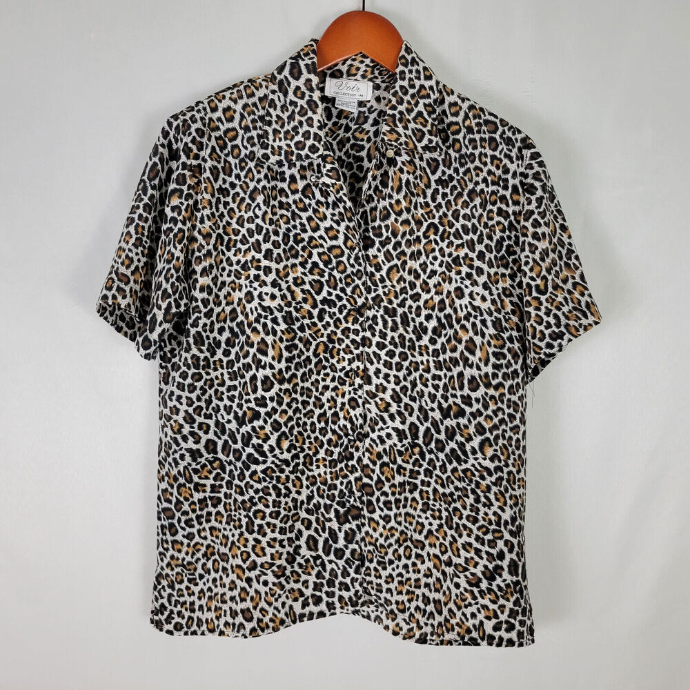 Voir‎ Shirt Womens Medium Top Leopard Print Short Sleeve Collared Button Up